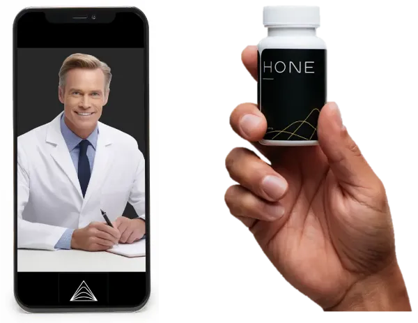 A picture of a doctor on telehealth consultation next to a hand holding a Hone branded pill bottle