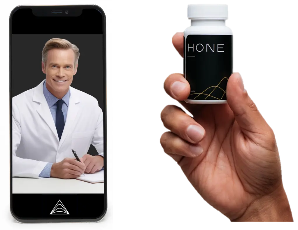 A picture of a doctor on telehealth consultation next to a hand holding a Hone branded pill bottle